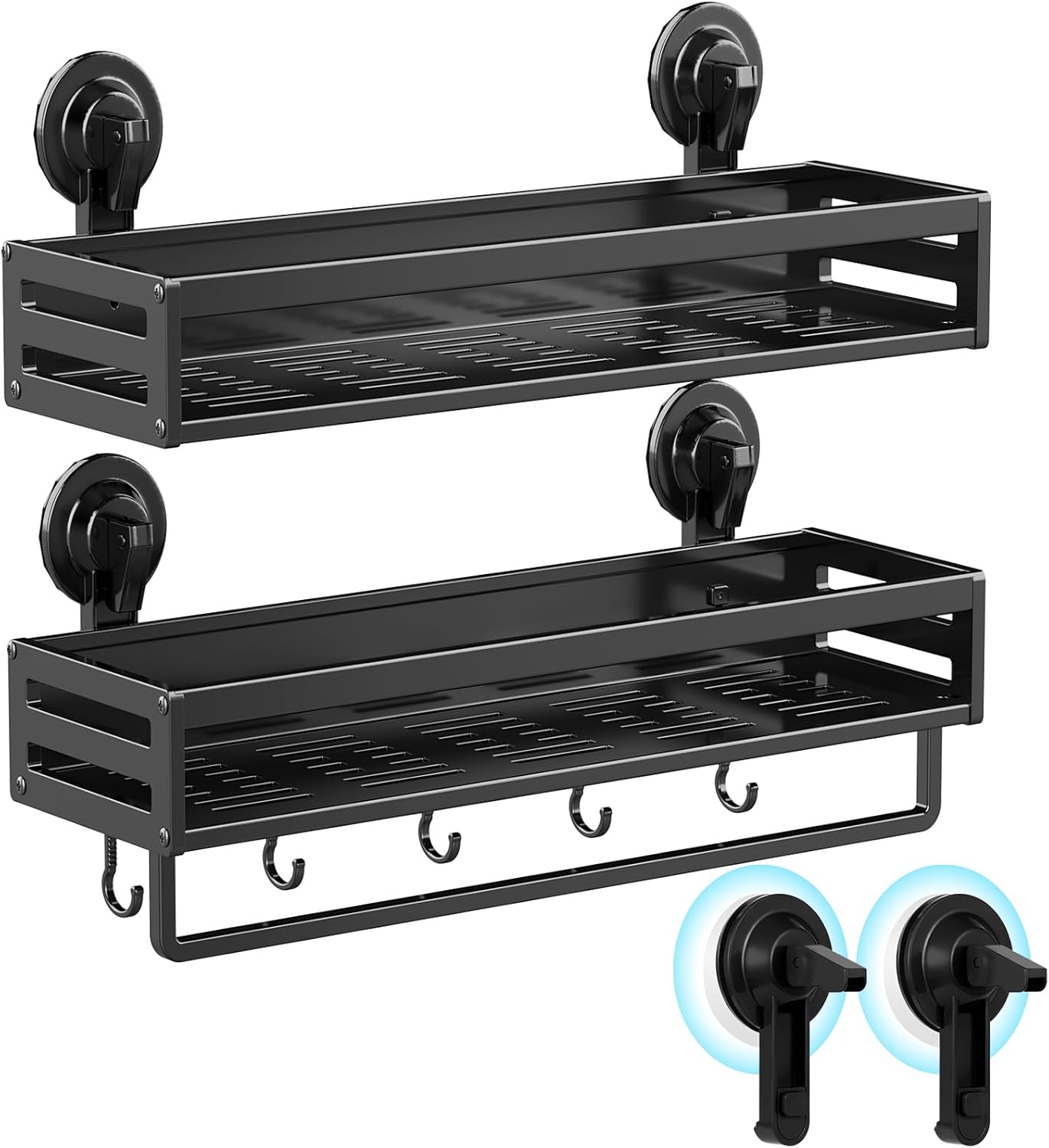 Skiennix Shower Caddy - 15.7 Inch Suction Cup Bathroom Organizer | Rustproof Black Shelf with Hooks & 2 Extra Suction Cups