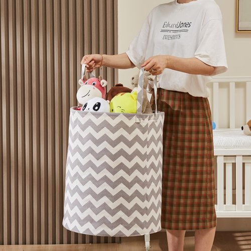 Baby Laundry Basket with Long Handles, 63L Collapsible Kids Laundry Hamper, Toy Storage Basket for Nursery, Bedroom Decor for Girls and Boys (Grey Chevron)