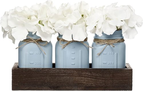 Mkono Decorative Wood Tray - Mason Jar Centerpiece with 3 Painted Jars & Artificial Flowers | Rustic Farmhouse Decor for Dining Room & Living Room