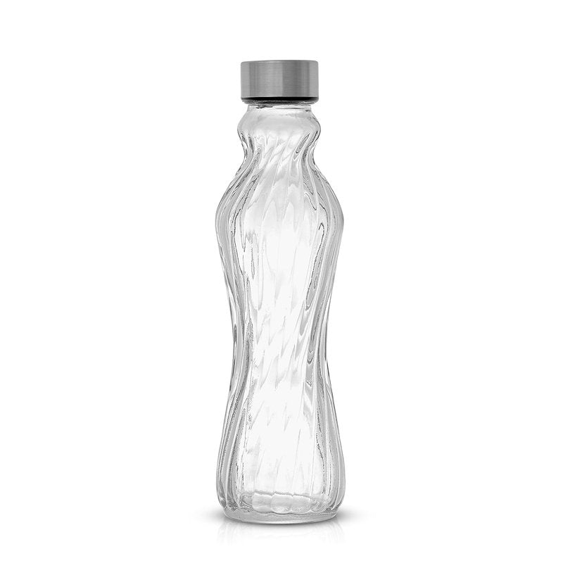 JoyJolt Fluted Glass Water Bottles Set of 6-18 oz Glass Bottles with Stainless Steel Leakproof Lids
