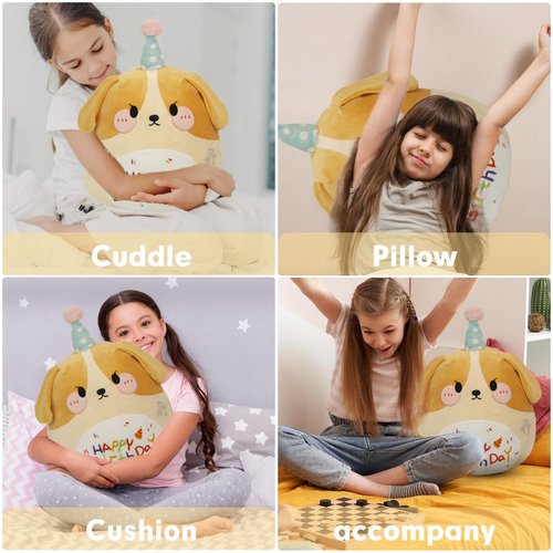 ARELUX Jumbo 18in Cute Dog Cuddle Plush Soft Stuffed Animal Large Birthday Pillow Kids Huggable Puppy Plushie Toy Big Size Happy Birthday Party Decoration Plushies Gift for Friends Boys Girls Yellow