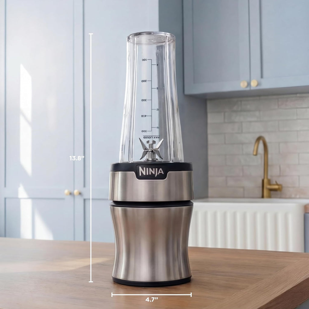 Ninja Nutri-Plus Personal Blender - Compact Push-To-Blend for Smoothies & Frozen Drinks | Includes 3 To-Go Cups & Lids | 900 Peak Watts | Silver | BN301
