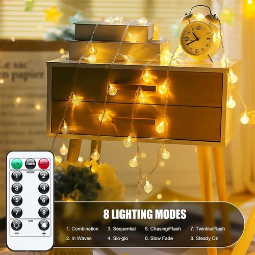 Minetom Crystal Globe String Lights - 33 ft 60 LED Battery Operated Fairy Lights with Remote & 8 Modes | Waterproof Warm White for Bedroom, Tent, Patio, Wedding Decor