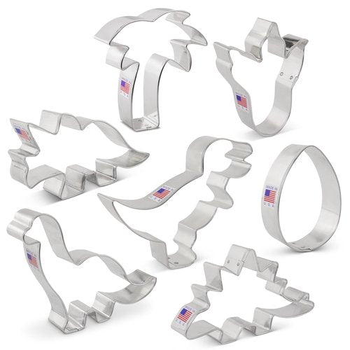 Ann Clark Dinosaur Cookie Cutter 7-Pc. Set (T-Rex, Brontosaurus, Stegosaurus, Triceratops, Dino Foot, Egg, Palm Tree), Made in USA