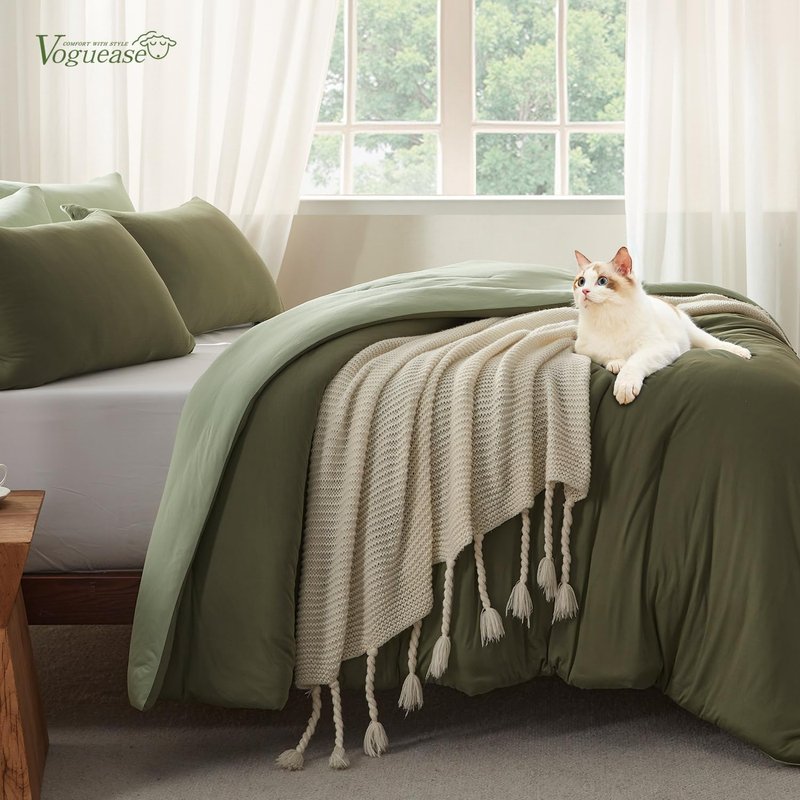 Voguease King Size Comforter Set Comforters King Size Luxury Ultra-Soft Jersey Knit Bedding Sets, Olive/Sage Green Lightweight Down Alternative Bed Comforter for All Season, 3 Piece Bedding Set