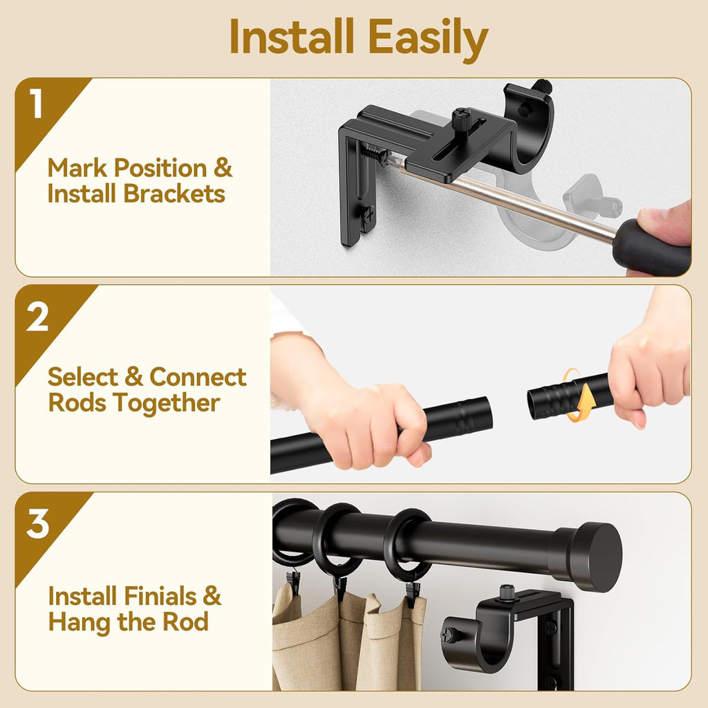 YaFex Adjustable Curtain Rods - Heavy Duty 1 Inch, 32-170 Inch, Modern Black Design for Easy Installation