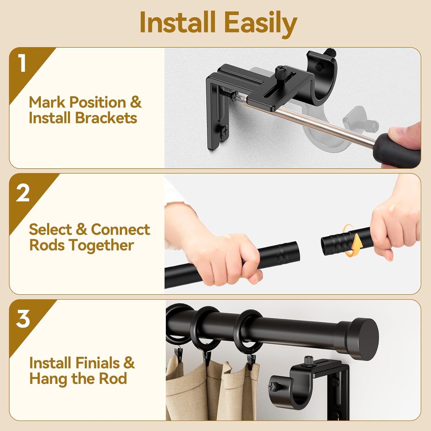 YaFex Curtain Rods - Heavy Duty 1 Inch Adjustable Window Treatment Rods | 32-118 Inch, Modern Black Design