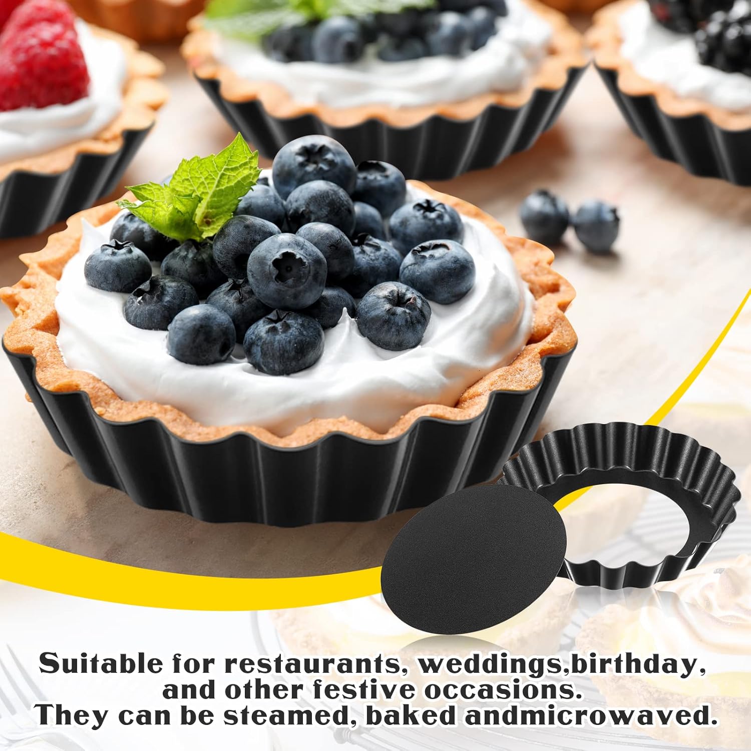 Tessco 16-Piece Mini Tart Pans - Nonstick Quiche & Pie Bakeware with Removable Bottom | 3-Inch Round, Black Gray