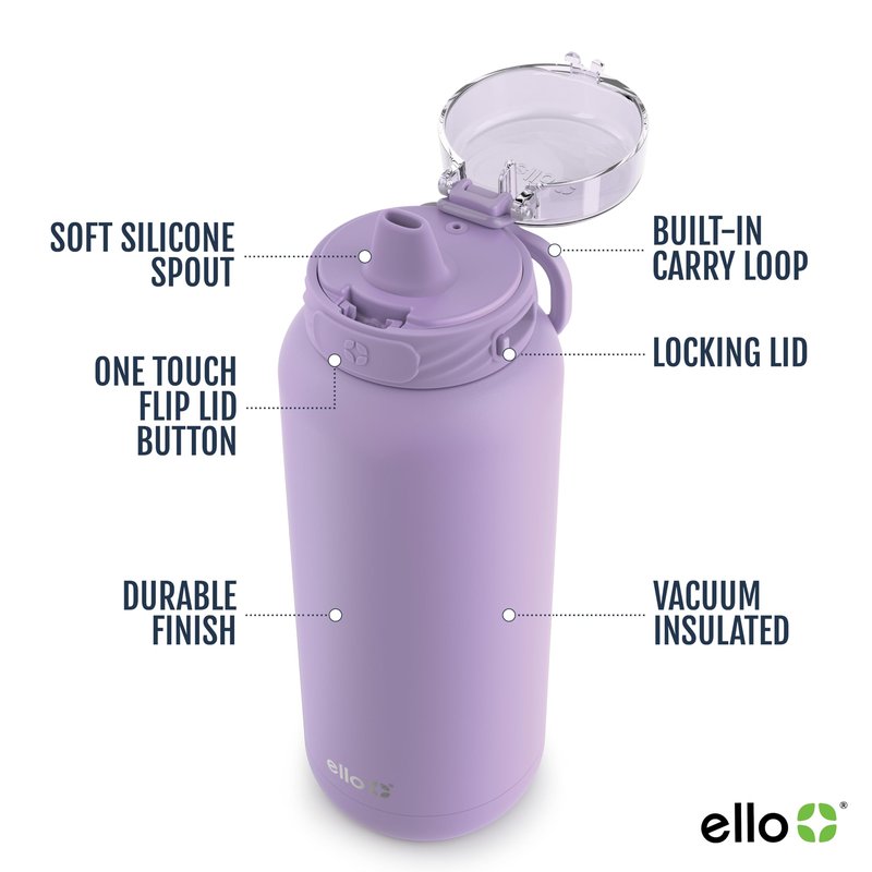 Ello Cooper 18oz Kids Stainless Steel Water Bottle with Straw and Carry Handle, Double Walled and Vacuum Insulated Metal, Leak Proof Locking Lid with Soft Silicone Spout, Reusable, BPA Free, Lilac
