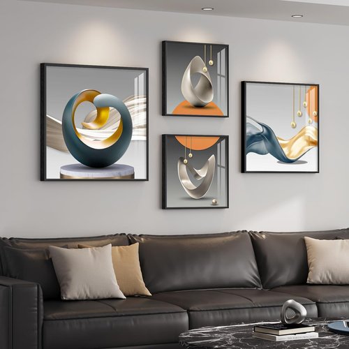 Framed Modern Wall Art Set by [Brand Name] - Abstract Geometric Prints in Orange, Gray & Gold | 4 Pieces for Living Room & Office