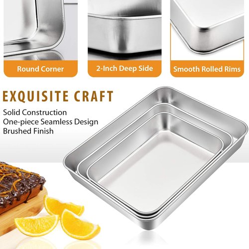 E-far Stainless Steel Baking Pans Set of 3 | Versatile 12.5", 10.5", 9.4" Sizes for Cakes & Lasagna