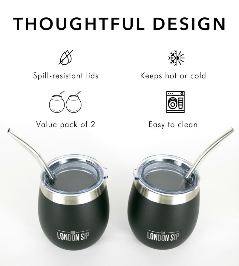 London Sip Yerba Mate Cup and Bombilla Set, Includes 2 Gourds (8 oz each), Spill Resistant Lids, Straws, Bombilla Brush and Pouch Included, Black