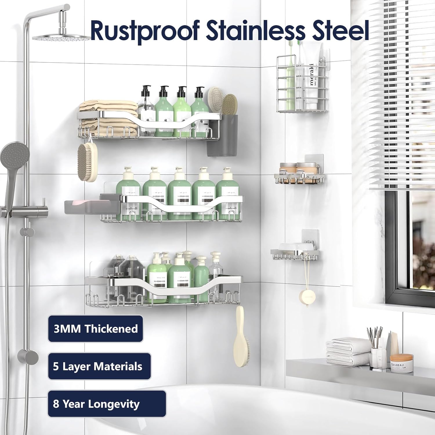 NESOMI Shower Caddy - Rustproof Stainless Steel Organizer with Large Capacity | No-Drill 8-Pack