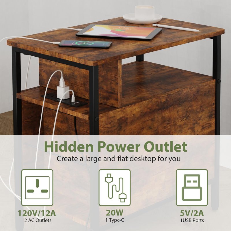 JCMCDO End Table with Charging Station, Narrow Side Table with 2 Fabric Drawer & Storage Shelf, USB Ports & Power Outlets, Narrow Nightstand for Bedroom Living Room and Small Spaces, Rustic Brown
