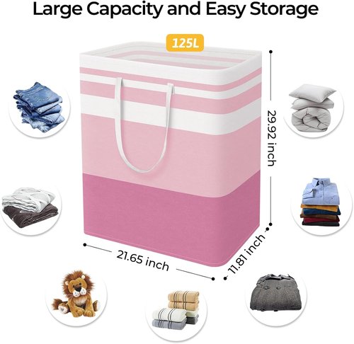 HomeHacks Large Waterproof Laundry Baskets - Collapsible Hampers with Reinforced Handles | 2 Pack, Pink, 125L