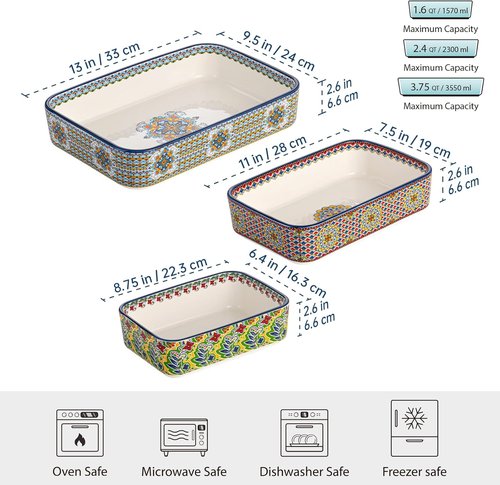 Boho Style Ceramic Baking Dishes Set of 3 | Rectangular Casserole Pans for Oven & Roasting