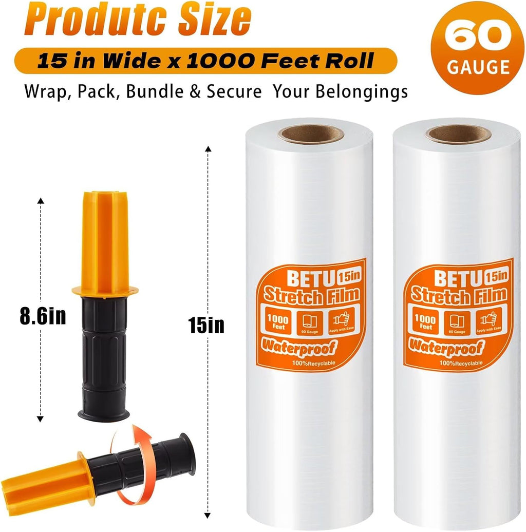 Skiennix Stretch Film Shrink Wrap - Industrial Strength Plastic Wrap for Moving Supplies | 15 Inch, 1000ft, 2 Pack