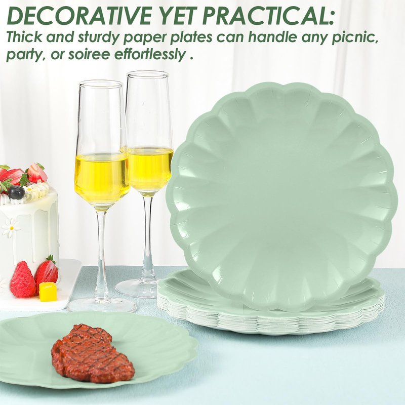 Newtay 30 Pcs Large Scalloped Paper Plates 9.5 Inch Shell Edge Disposable Dinner Plates for Birthday Wedding Baby Shower Party Decorations (Sage Green)