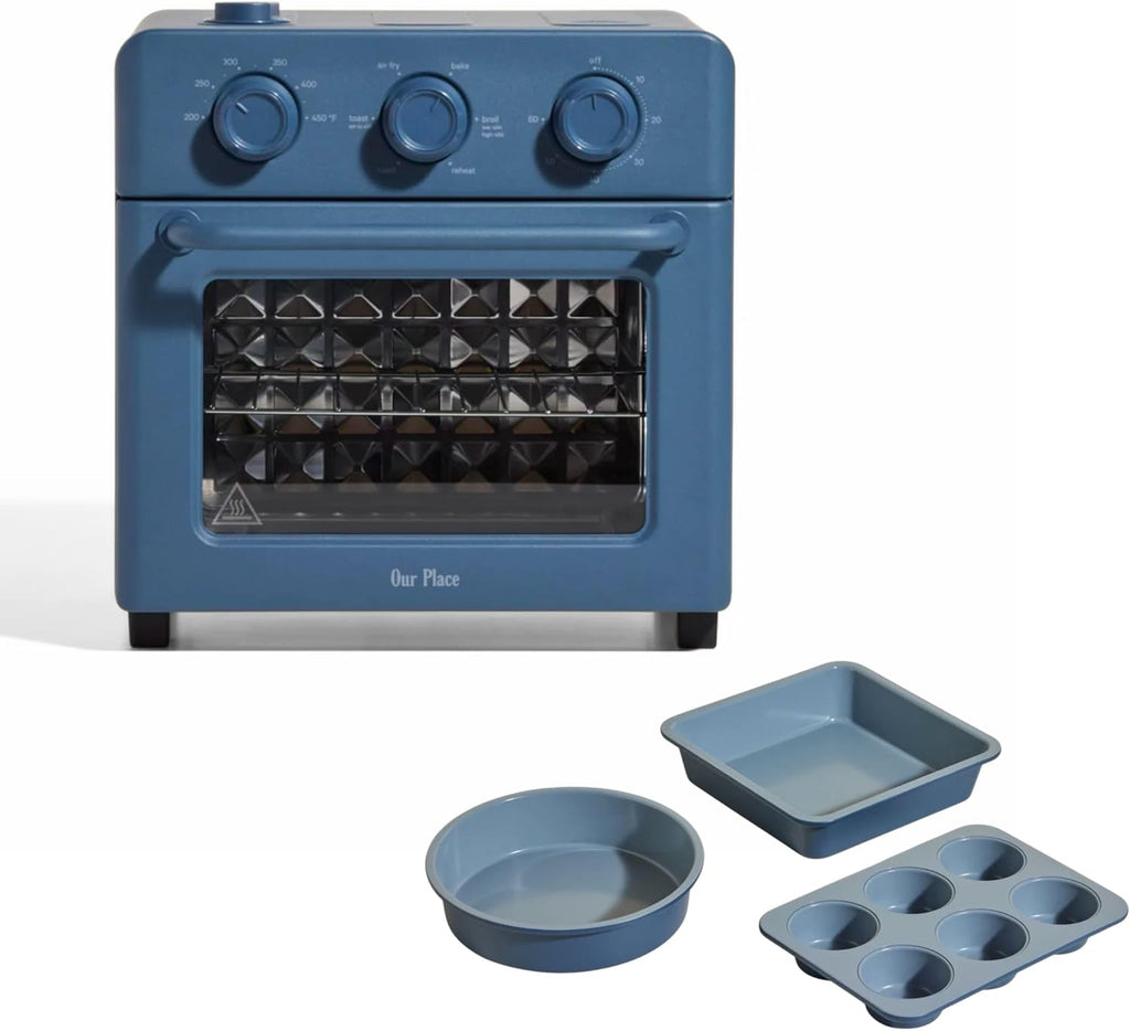 Our Place Wonder Oven - 6-in-1 Air Fryer & Toaster Oven with Steam Infusion | Nonstick Ceramic Bakeware Set (Round, Square & Muffin Pan) | Non-Toxic PFAS-Free | Blue Salt