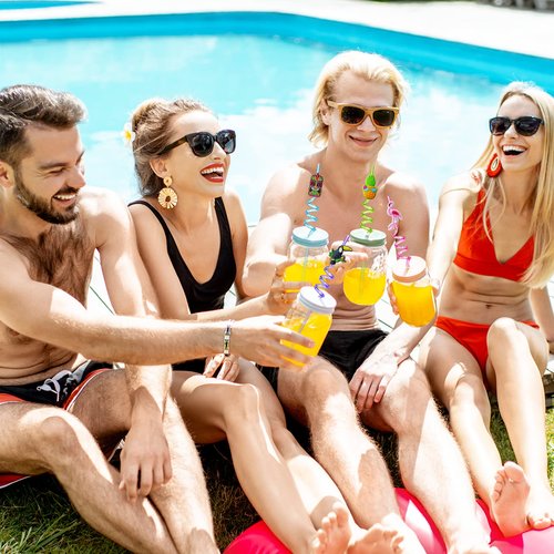 Hawaiian Luau Party Favor Drinking Straws (24 Pcs) Summer Beach Pool Birthday Party Supplies Reusable Plastic Drink Straw for Tropical Luau Party (2 Pcs Cleaning Brushes inside)