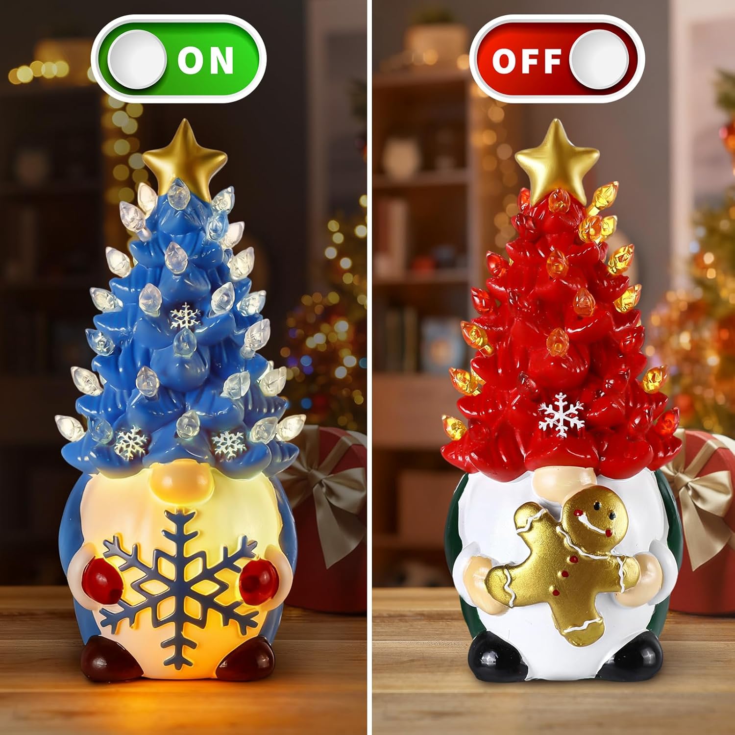 Riakrum Gnome Christmas Tree Decor - Lighted Gingerbread Man & Snowflakes | 6.5” Resin Winter Centerpieces