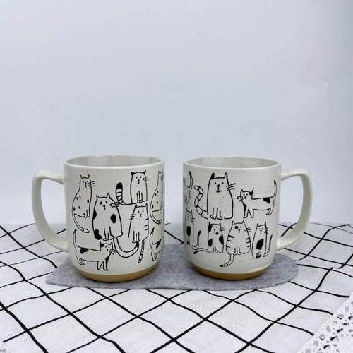 Heardbeli White-Grey Cartoon Cats Ceramic Mug with Handle Coffee Mug 550ml/18.6oz. Cute Funny Novelty Vintage Gift Hand Painted