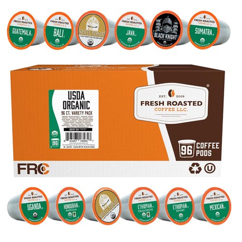 Fresh Roasted Coffee, USDA Organic Variety Pack | 96 Pods for K Cup Brewers