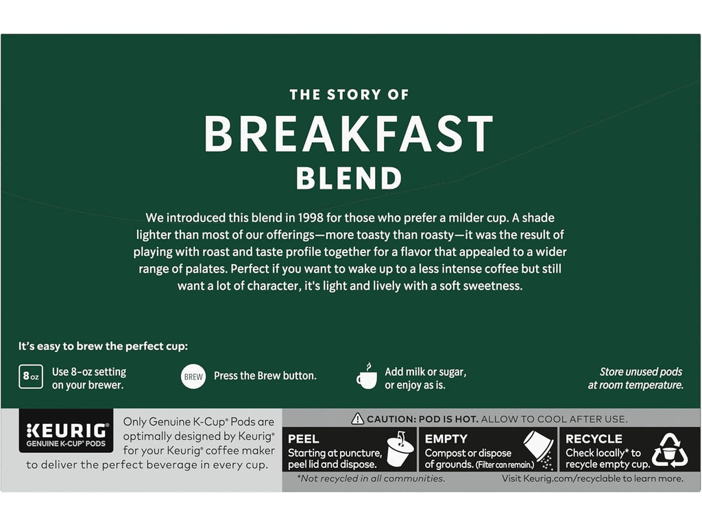 Starbucks Coffee K-Cup Pods - Breakfast Blend Medium Roast for Keurig | 20 Count (2 Boxes)