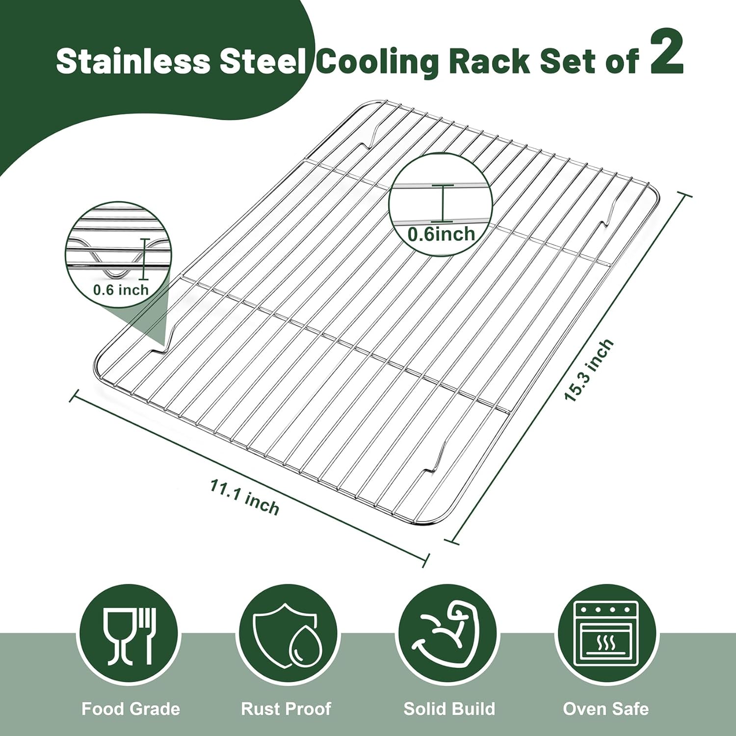 TeamFar Stainless Steel Cooling Rack - Heavy-Duty Baking Rack for Cooking & Grilling | 15.3” x 11.1” | Oven & Dishwasher Safe, 2PCS