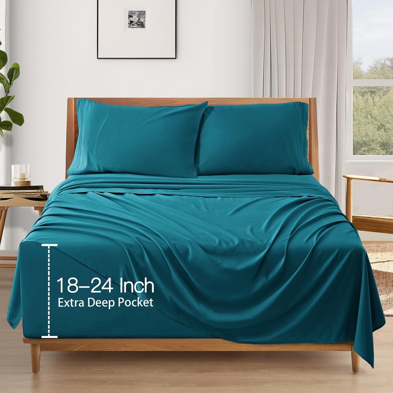 SiinvdaBZX Extra Deep Pocket Queen Sheets Set - Fits Mattress Up to 24 Inches Thick - 4 Piece Teal Deep Pocket Sheets for Air Mattress - Soft 1800 Thread Count Fitted Sheet with Side Pocket