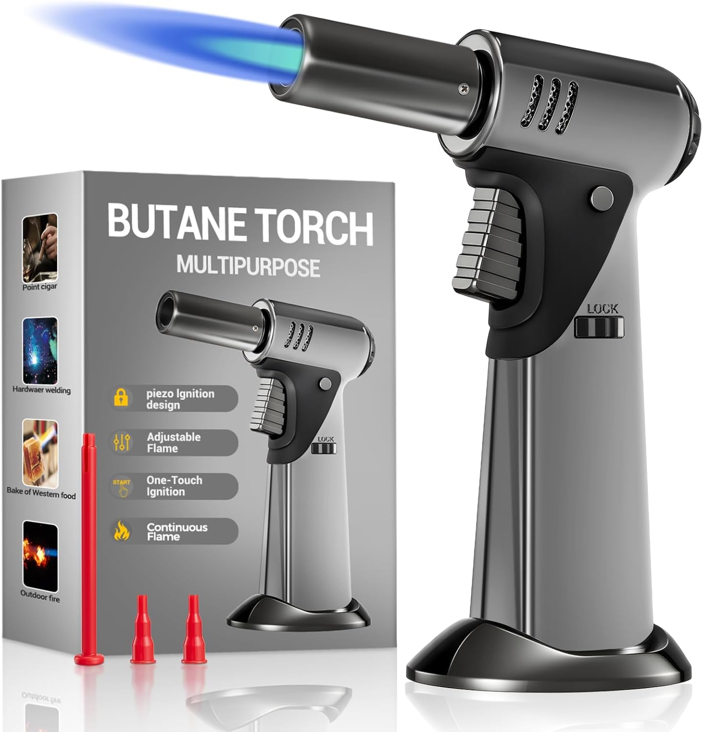 Skiennix Butane Torch - Adjustable Flame Kitchen Torch with Safety Lock for Baking & BBQ | Refillable Lighter