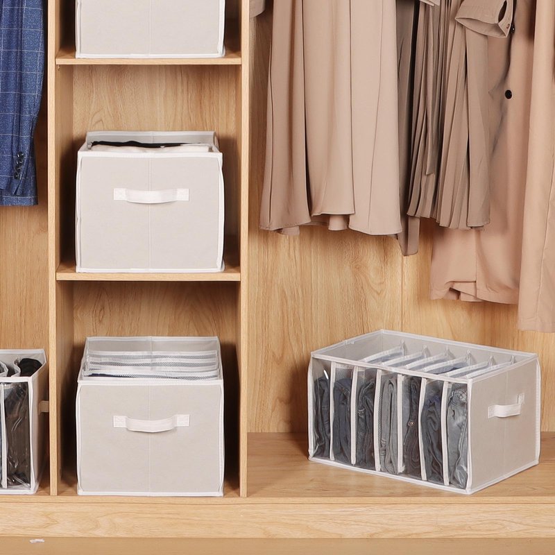 Zilink Upgraded Wardrobe Clothes Organizer with Support Board Clear Pants Organizer for Closet with 7 Grids Divider Extra Large Closet Drawer Organizer for Jean Pant Sweaters T-Shirt, 6 Pack, Beige