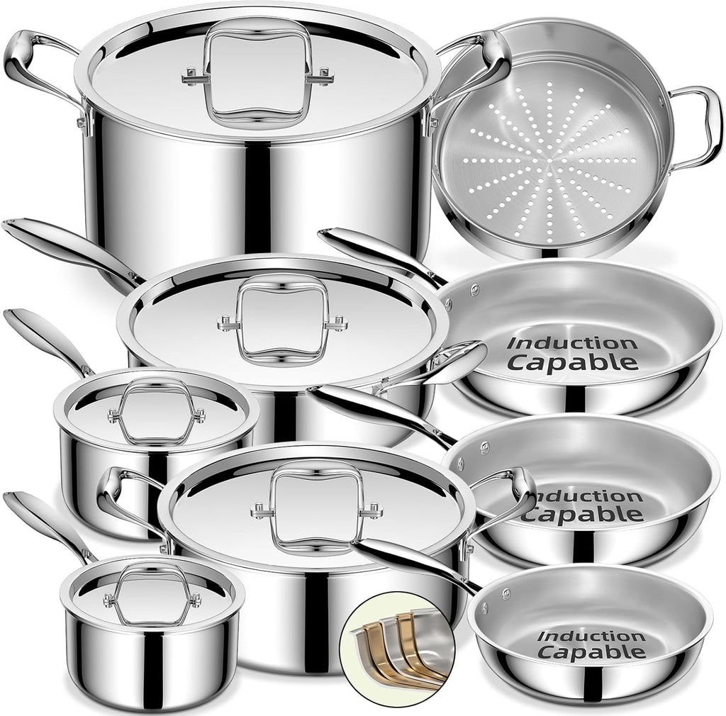 Umite Chef Stainless Steel Cookware Set - 14-Piece 5-Ply Induction Pot and Pan Set | Heavy-Duty, Oven Safe, PFOA-Free
