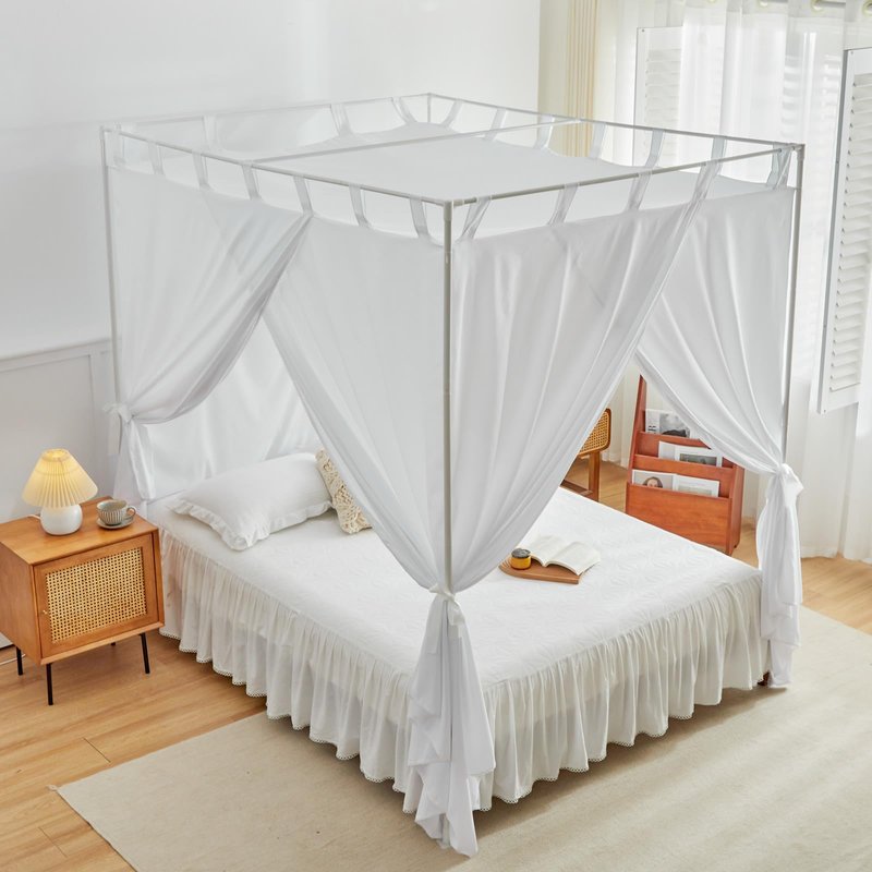 AIKASY White Canopy Bed Curtains with Top Ties and Tie Backs for Bedroom Decoration - Queen Size Bed Curtains with Windproof and Lightproof Features