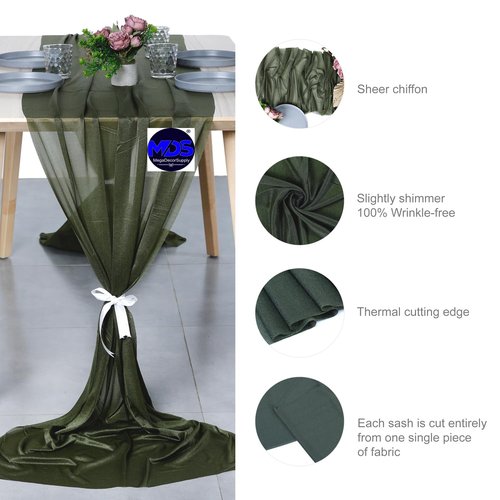 MDS 1 Pack 14ft Chiffon Table Runner 29 x170 Inches Sheer Wedding Runner Romantic Rustic Table Runner for Wedding Decorations, Birthday Parties, Bridal Shower Party Arch Decor - Olive Green