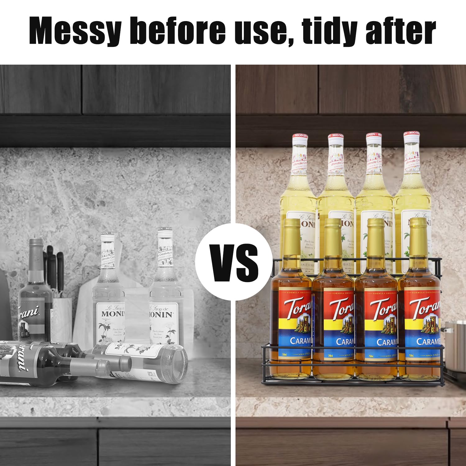 onneka Coffee Syrup Rack & Syrup Holder – Loved by 5,000+ Coffee Fans! 2-Tier Rustproof Rack, Fits 750ml Torani & Monin Bottles, Elevate Coffee Bars, Kitchens, Pubs, Restaurants & Parties (8 bottles)