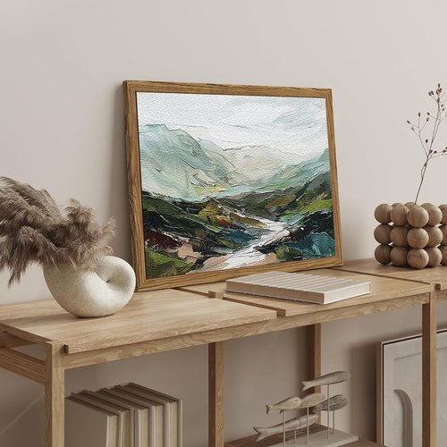 Framed 3D Textured Mountain Wall Art - Abstract Green Landscape Decor | Hand-Drawn Sandstone Aesthetic 12x16 Inch