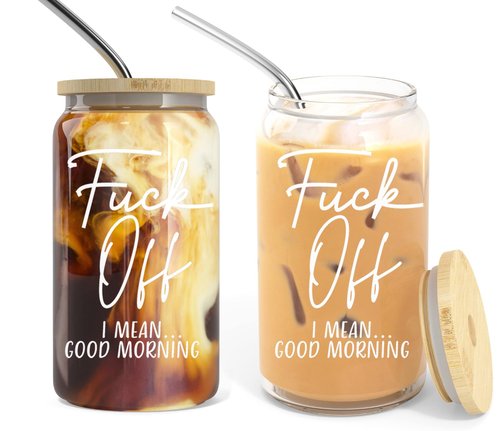 Heather & Willow Set of 2 | 16 oz Iced Coffee Cup with Bamboo Lids + Straws | Mason Jar Cups & Iced Coffee Tumbler with Lid and Straw | Glass Cups for Coffee, Boba Cup | Beer Can Glass & Smoothie Cup