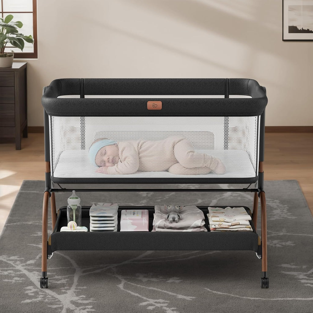 Skiennix Baby Bassinet - 3-in-1 Bedside Sleeper with Adjustable Height & Full-Mesh Sides for Newborns