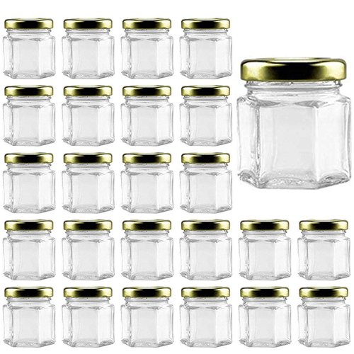 25Pack1.5oz Honey Jars,Mini Honey Jars With Dipper,Hexagon Glass Jar with Gold Lids,Glass Jar with Labels for Gifts,Wedding Favors,baby Favors and DIY Ideas