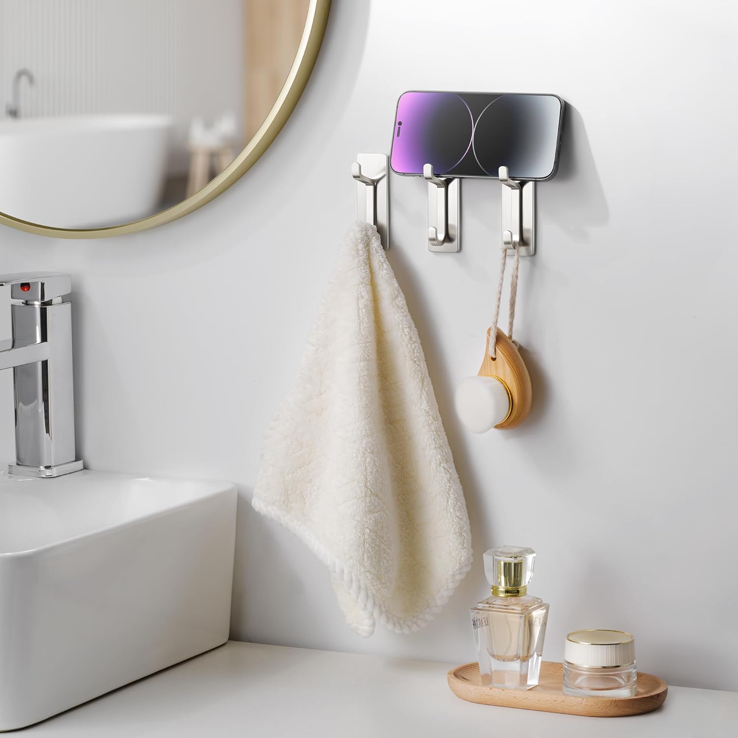Pickpiff Wall Hooks - 13LB Strong Adhesive Coat & Towel Hanger | Brushed Nickel Finish
