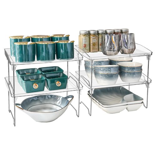 HTRYBNES 4 Pack Cabinet Organizer Shelf, Stackable Kitchen Counter Shelves, Clear Plastic Shelf Riser, Foldable Spice Rack for Bowls, Mugs, Plates, Spice, Pantry Organizer (11.6 x 8.2 x 5.9 inches)