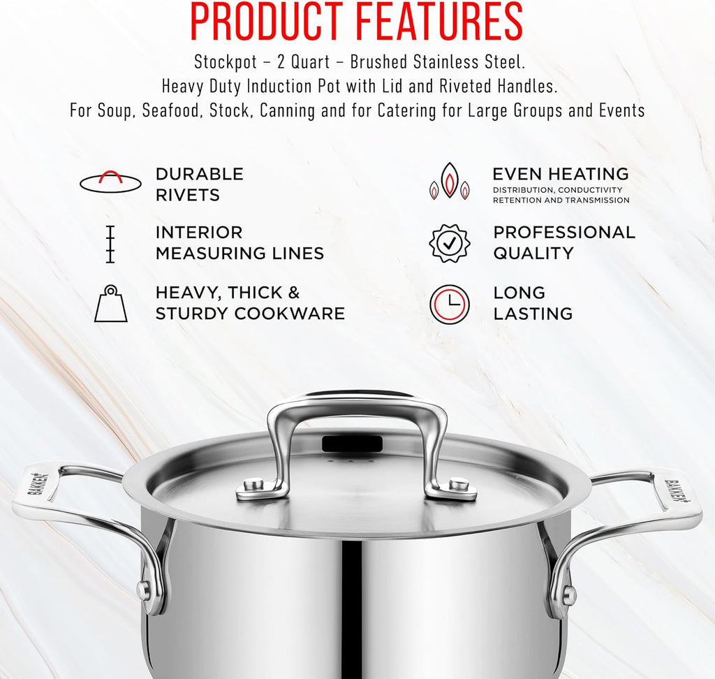 Stainless Steel Stockpot by [Brand Name] - 2 Quart Durable Design with Impact-Bonded Base & Riveted Handles