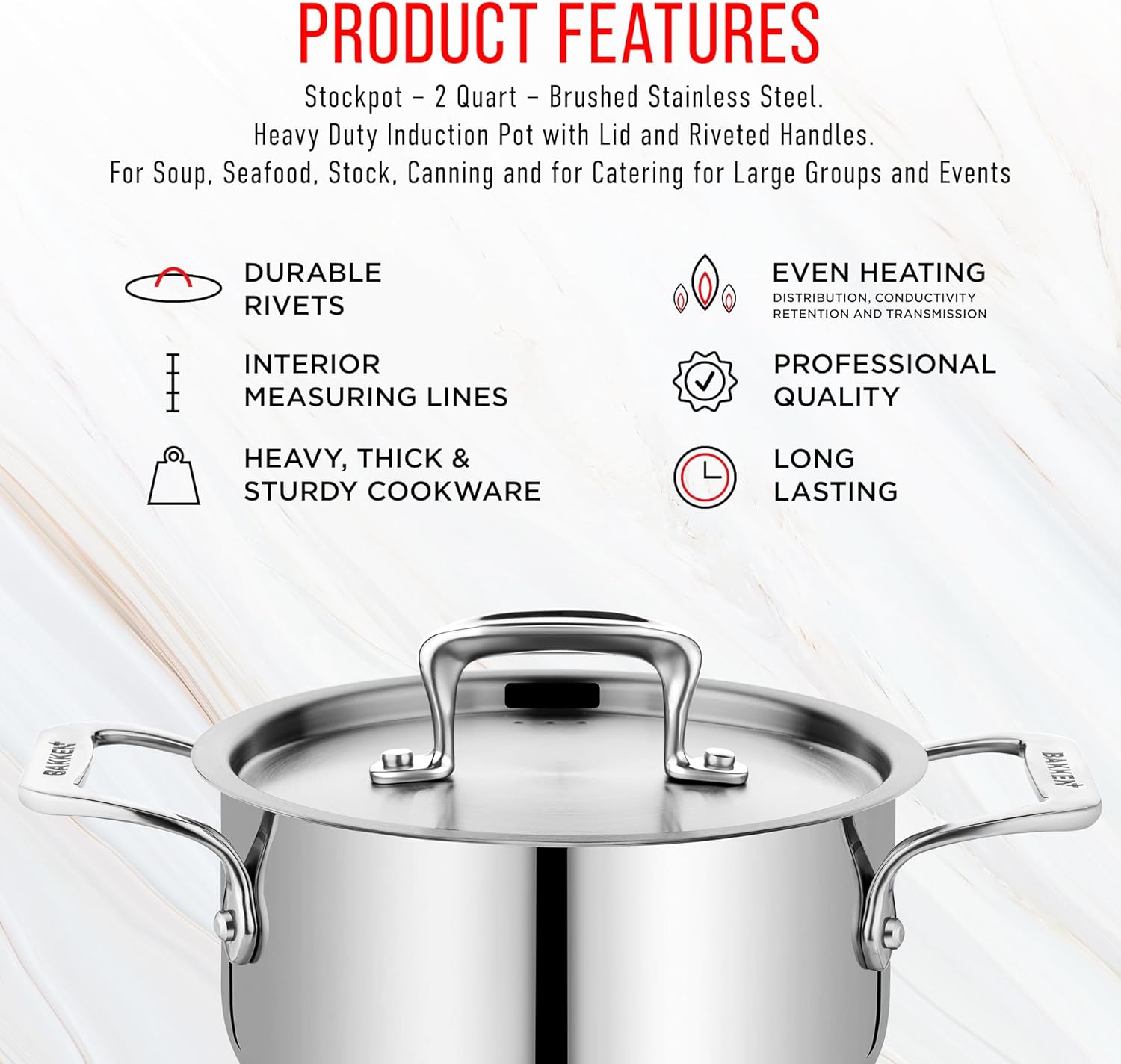 Stainless Steel Stockpot by [Brand Name] - 2 Quart Durable Design with Impact-Bonded Base & Riveted Handles