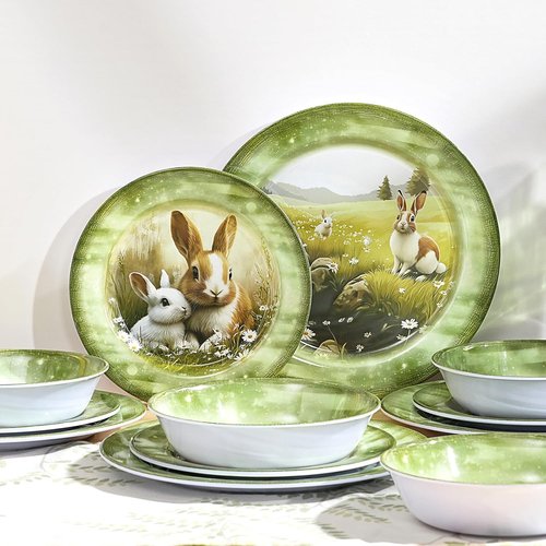 Green Bunny 12-Piece Melamine Dinnerware Set - Lightweight Shatterproof Plates & Bowls for 4, Ideal for Picnics & Outdoor Parties