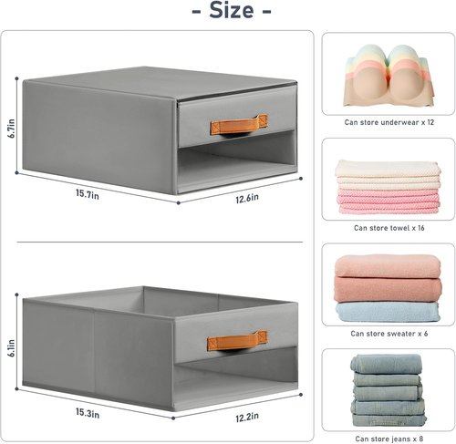 DIMJ Closet Organizers - Foldable Fabric Bins with Clear Windows | Stackable Storage Drawers, 4-Pack, Grey