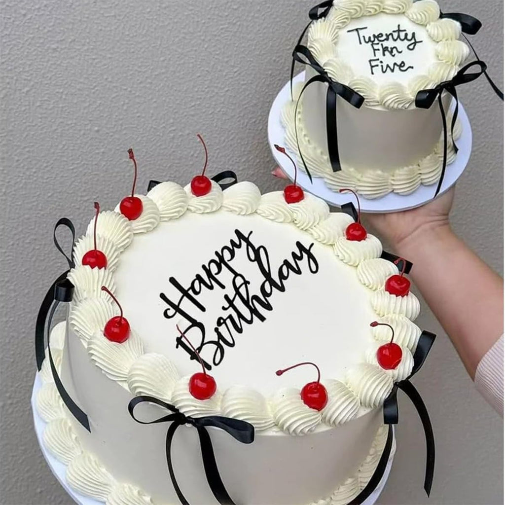 Skiennix Black Satin Cake Bows - 11 Pcs Coquette Bow Toppers with Happy Birthday Sign | Perfect for Birthdays, Baby Showers, Weddings