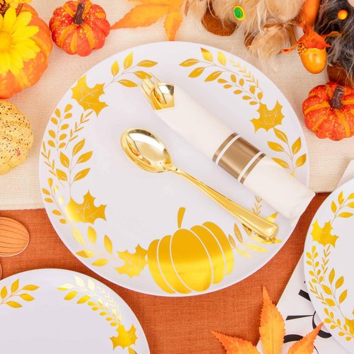 Ciaell 175PCS Thanksgiving Plastic Plate - Disposable Dinnerware Set - White and Gold Plastic Plates Include 50Plates, 75Silverware, 25Cups, 25Napkins for Thanksgiving & Party