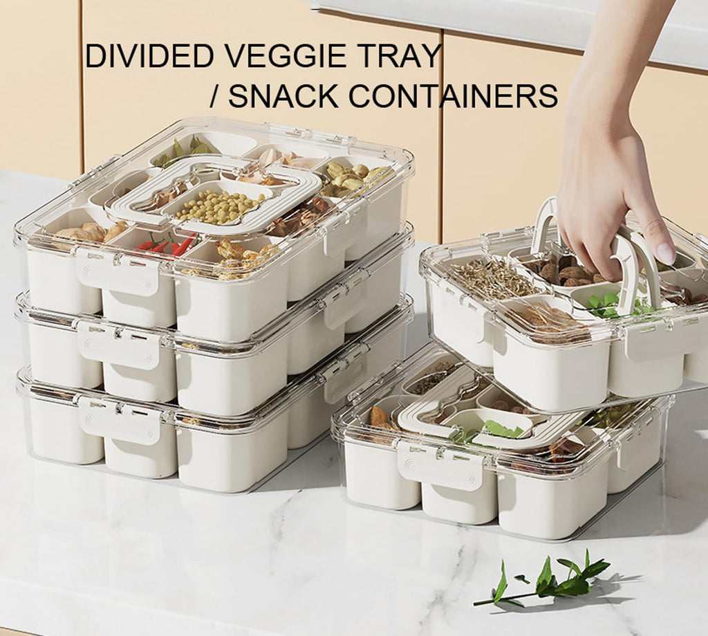 Divided Serving Tray with Lid and Handle - 9 Compartment Snack Box Container Portable Storage Organizer Container for Fruit, Candy, Veggie, Nuts, Spices& Snacks, Perfect for Party, Travel& Picnic