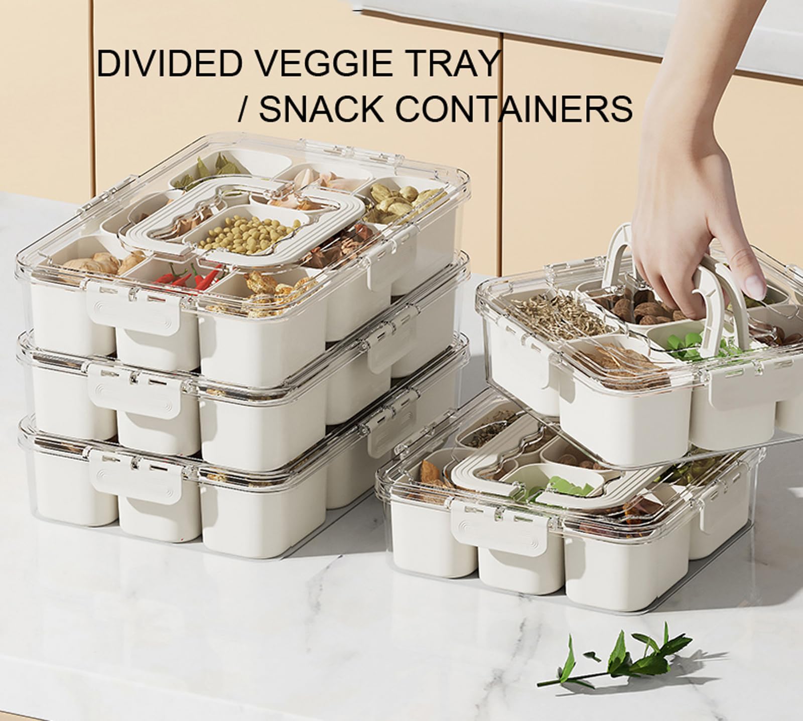 Divided Serving Tray with Lid and Handle - 9 Compartment Snack Box Container Portable Storage Organizer Container for Fruit, Candy, Veggie, Nuts, Spices& Snacks, Perfect for Party, Travel& Picnic
